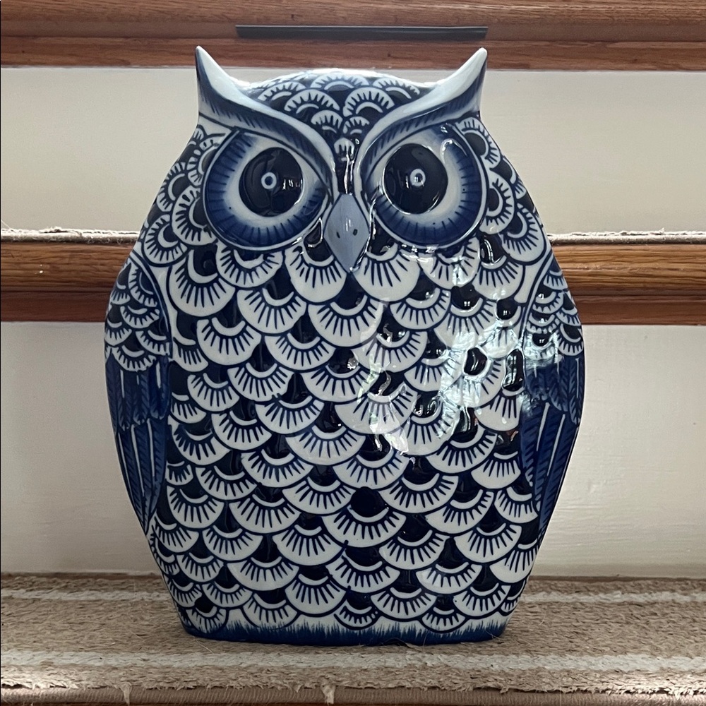 Blue and White Ceramic Owl Figurine